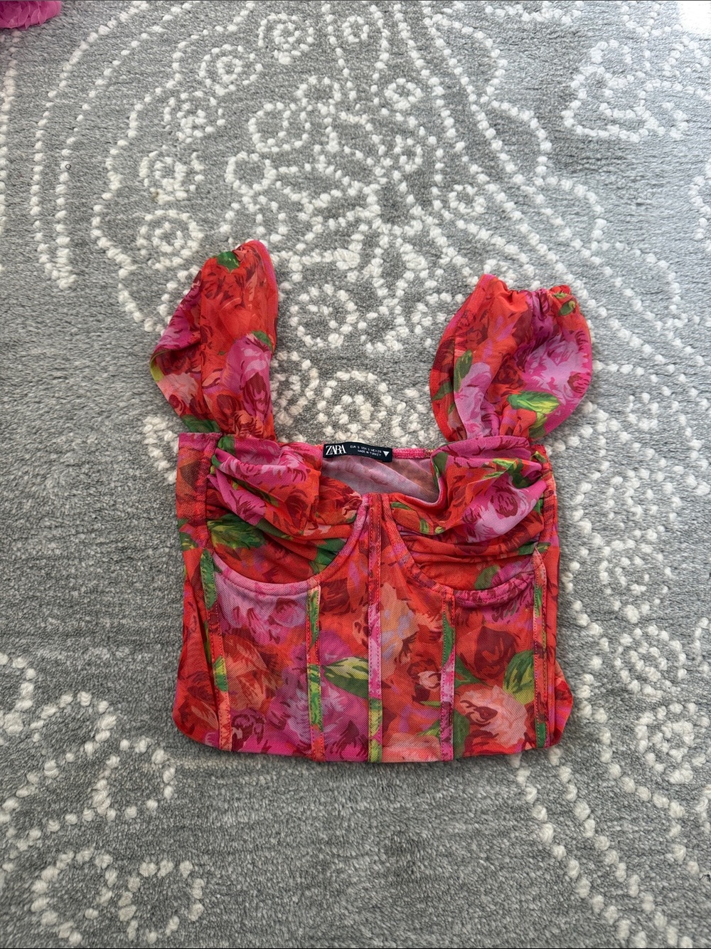 Zara Red and Pink Floral Corset Crop Top
